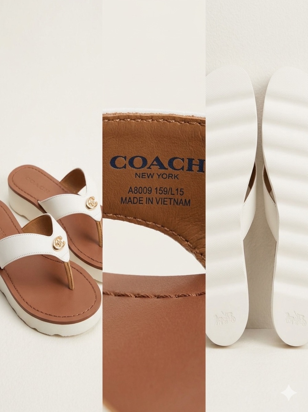 Coach White Leather Platform Thong Sandals with Brown Footbed - Picture 2 of 15
